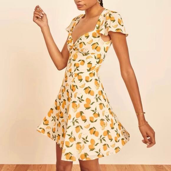 Reformation Rebecca Lemonade Print Mini Dress White/Yellow Women’s Size 2 - Picture 1 of 11